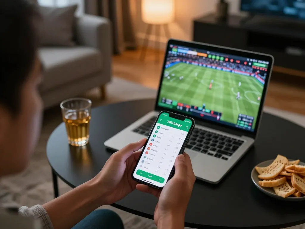 Engaging in live sports betting using the 789clubgo app on smartphone in a stylish living room.