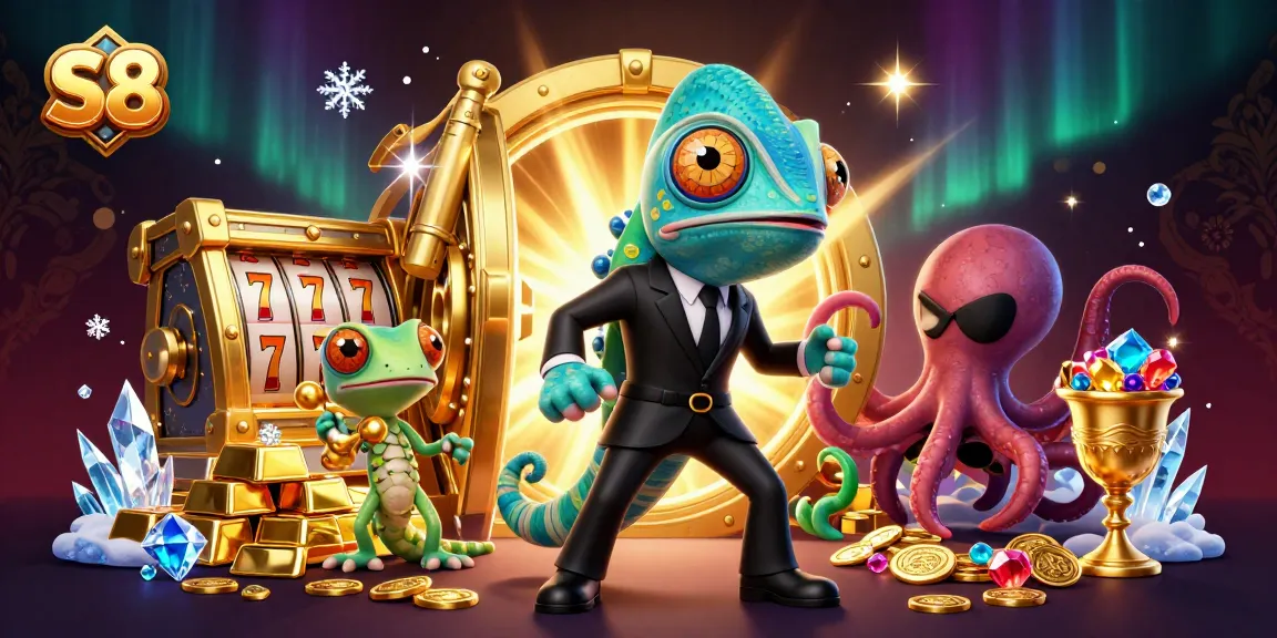 S8 players engaging in thrilling slot games and winning treasures with vibrant casino elements.