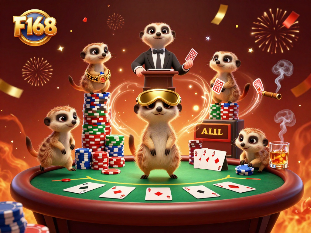 Experience exhilarating games at F168's vibrant casino with lively meerkats and colorful poker chips.