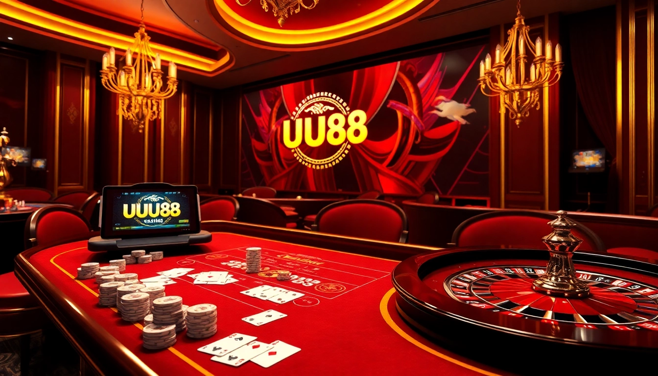 Experience thrilling gameplay at UUU88 with poker chips, cards, and a roulette wheel.