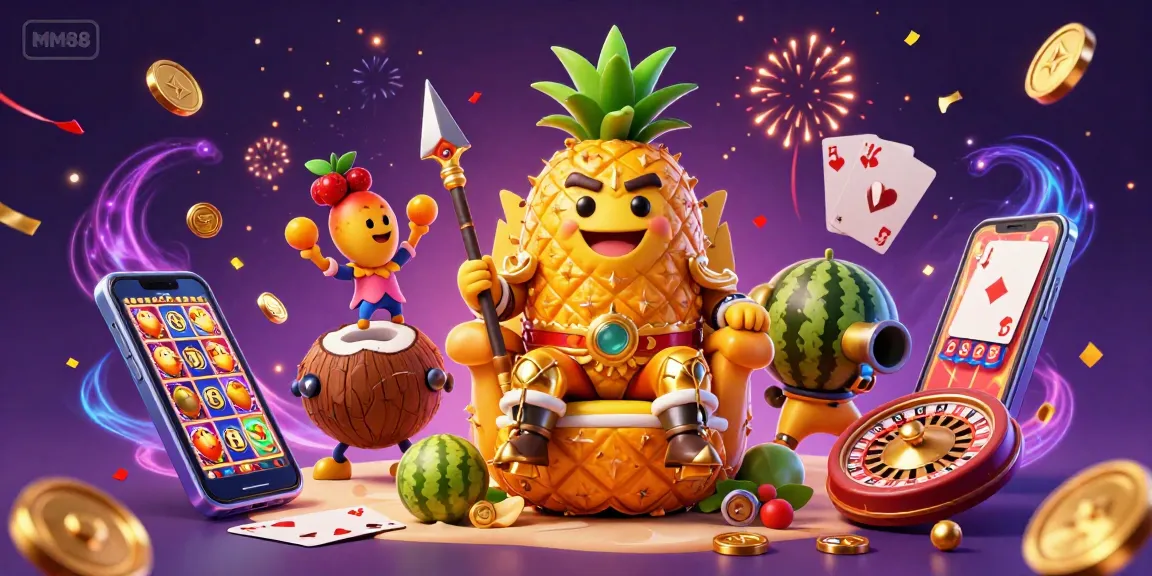 Experience exciting MM88 casino adventures with vibrant characters and games in a colorful digital illustration.