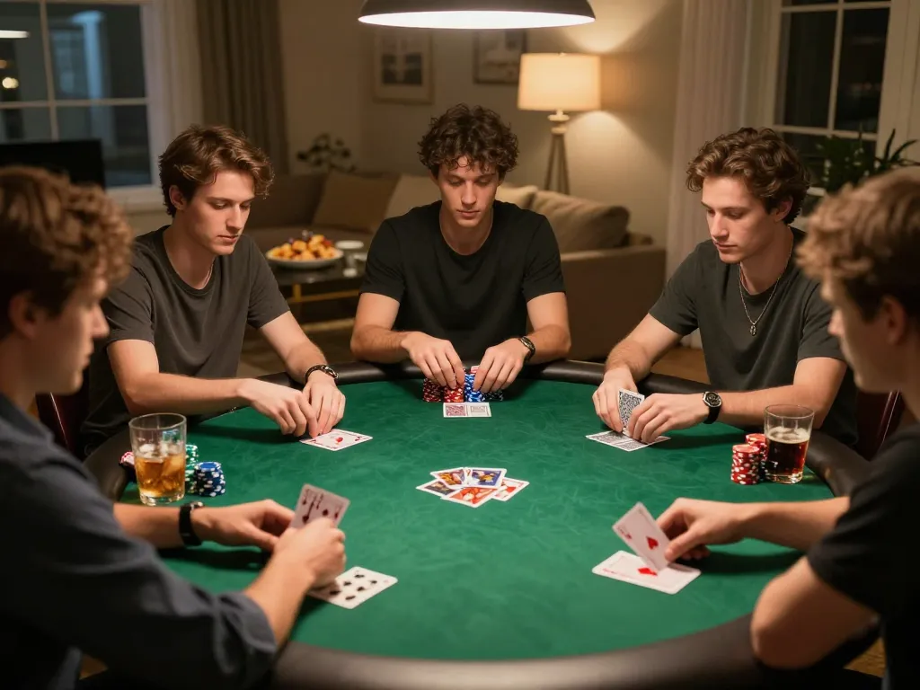 Players enjoying a friendly poker game at home, showcasing O8 SOCIAL camaraderie and strategy.