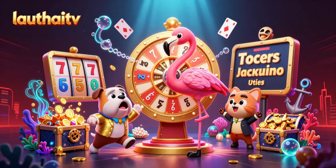 Experience exciting moments with lauthaitv as a flamingo host spins the jackpot prize wheel in this vibrant casino illustration.