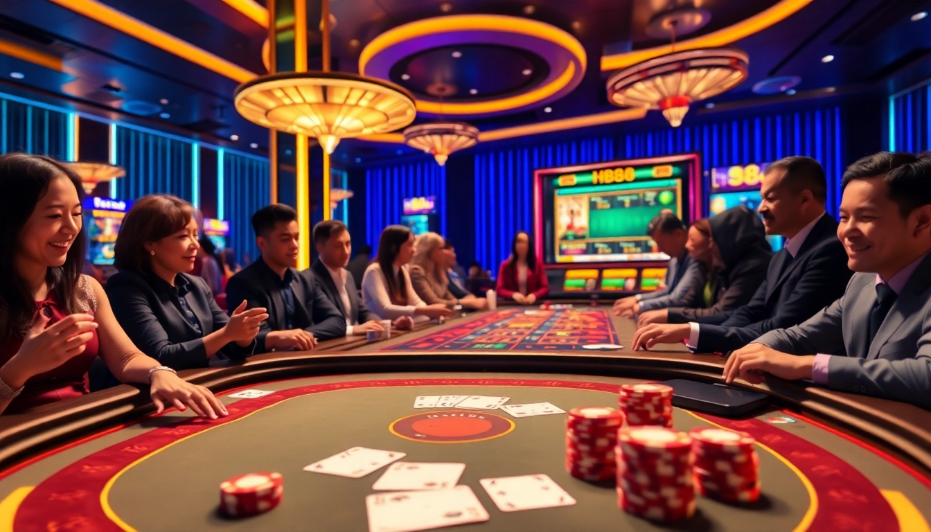 HB88 vibrant casino scene featuring a modern gambling interface and excited players.