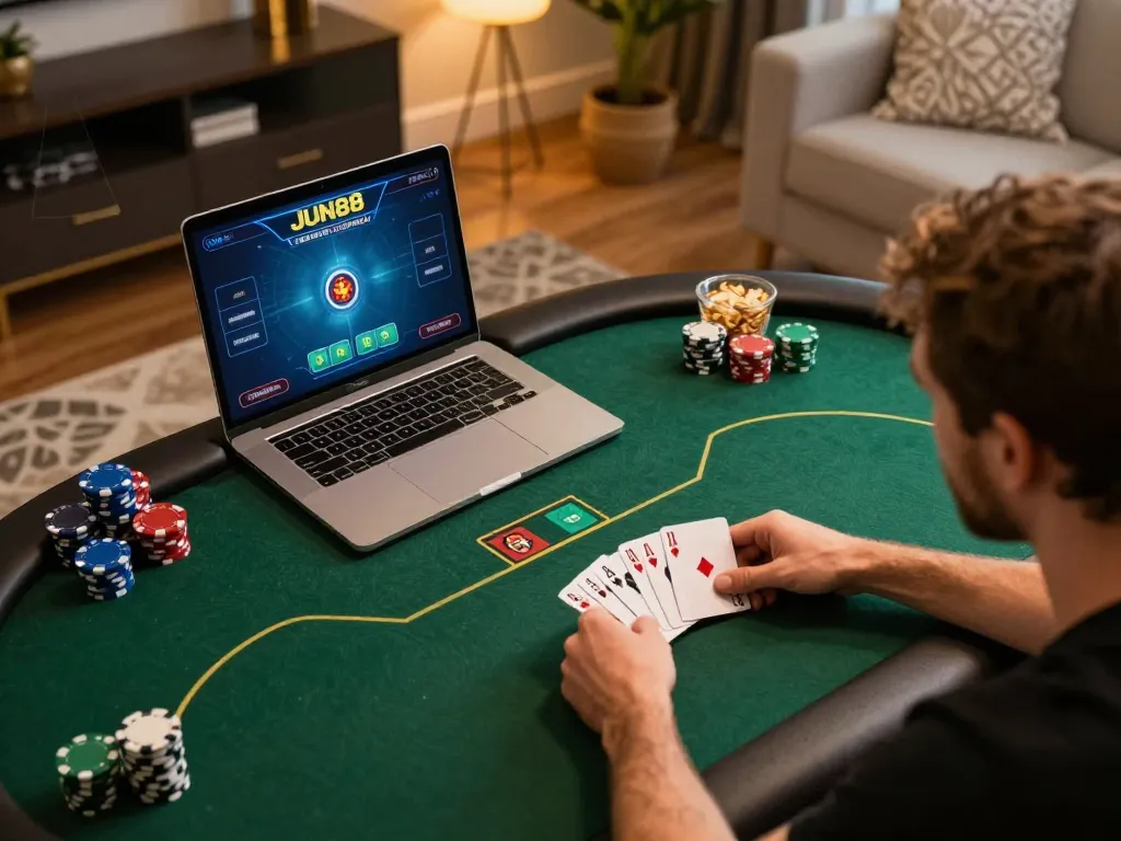 Player strategizing during an online poker game on JUN88 platform in a cozy home environment