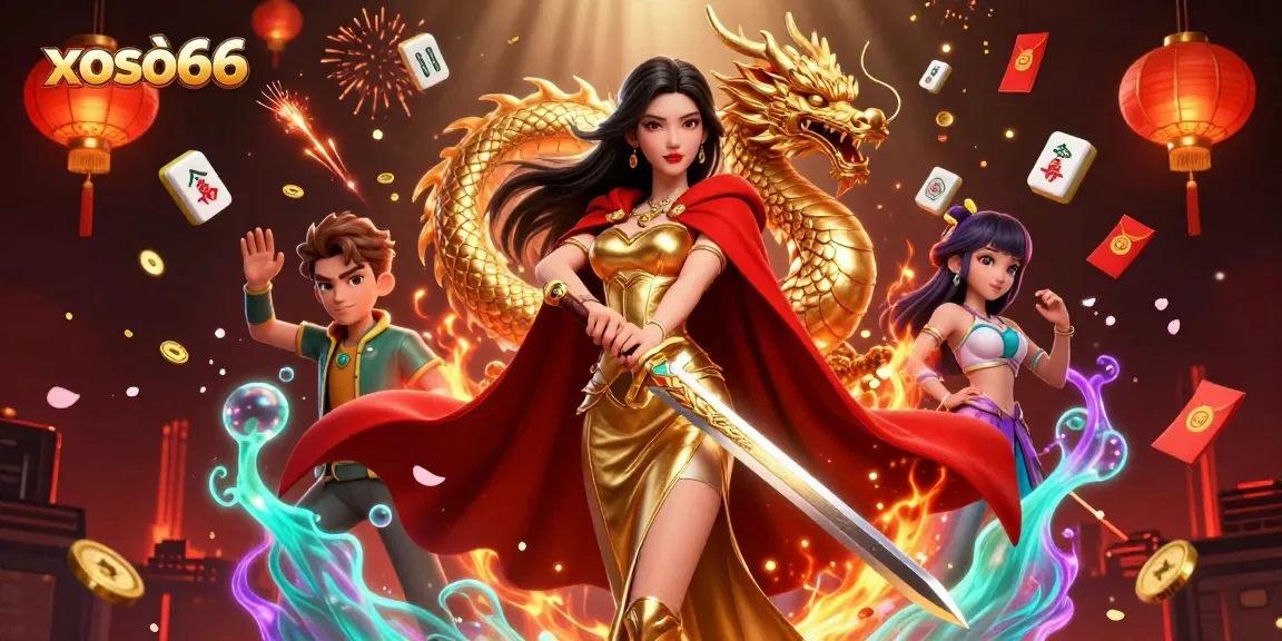 XOSO66 showcases an exciting gambling scene with vibrant visual elements and a stunning warrior queen amid festive decorations.