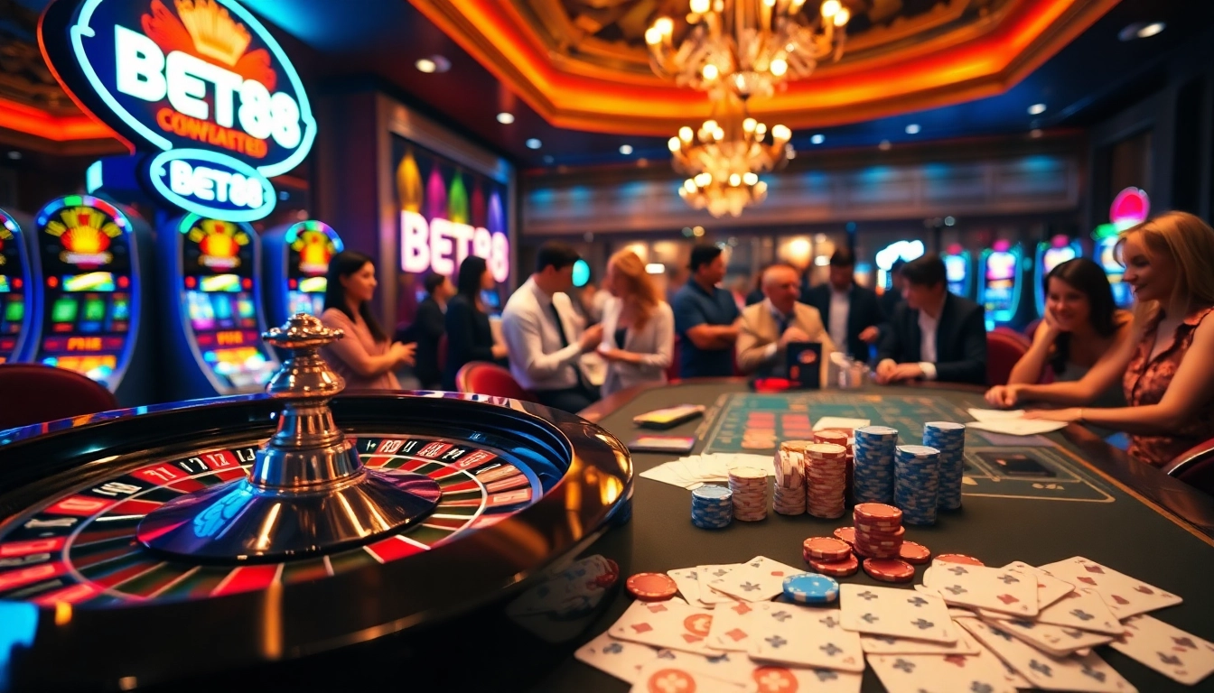 Engage in thrilling games at BET88 with vibrant roulette wheels and poker chips.
