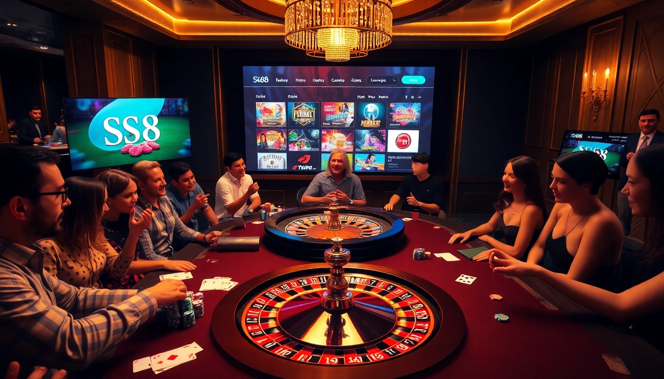 Excited players engaging at the S8 casino poker table with colorful chips and cards.