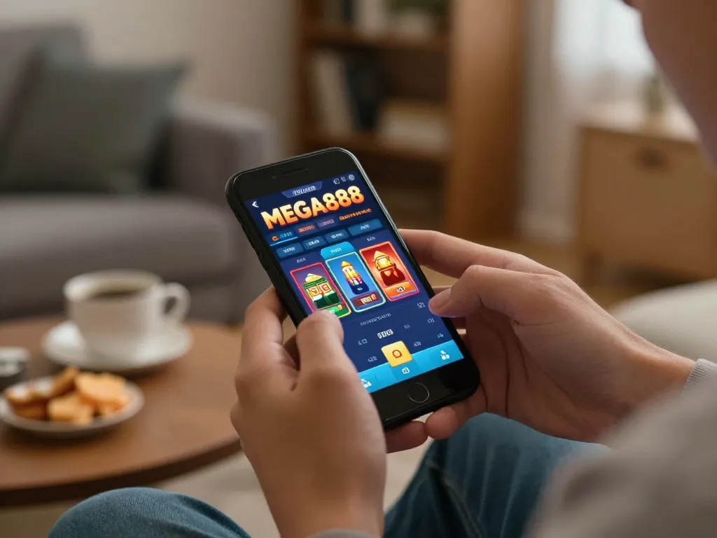 Engaging mobile gaming scene of MEGA888 app usage, emphasizing responsible gaming habits