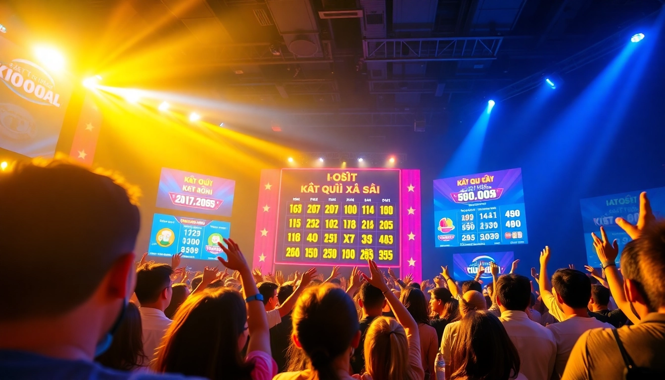 Kết quả xổ số lottery draw event with excited crowd and winning numbers displayed.