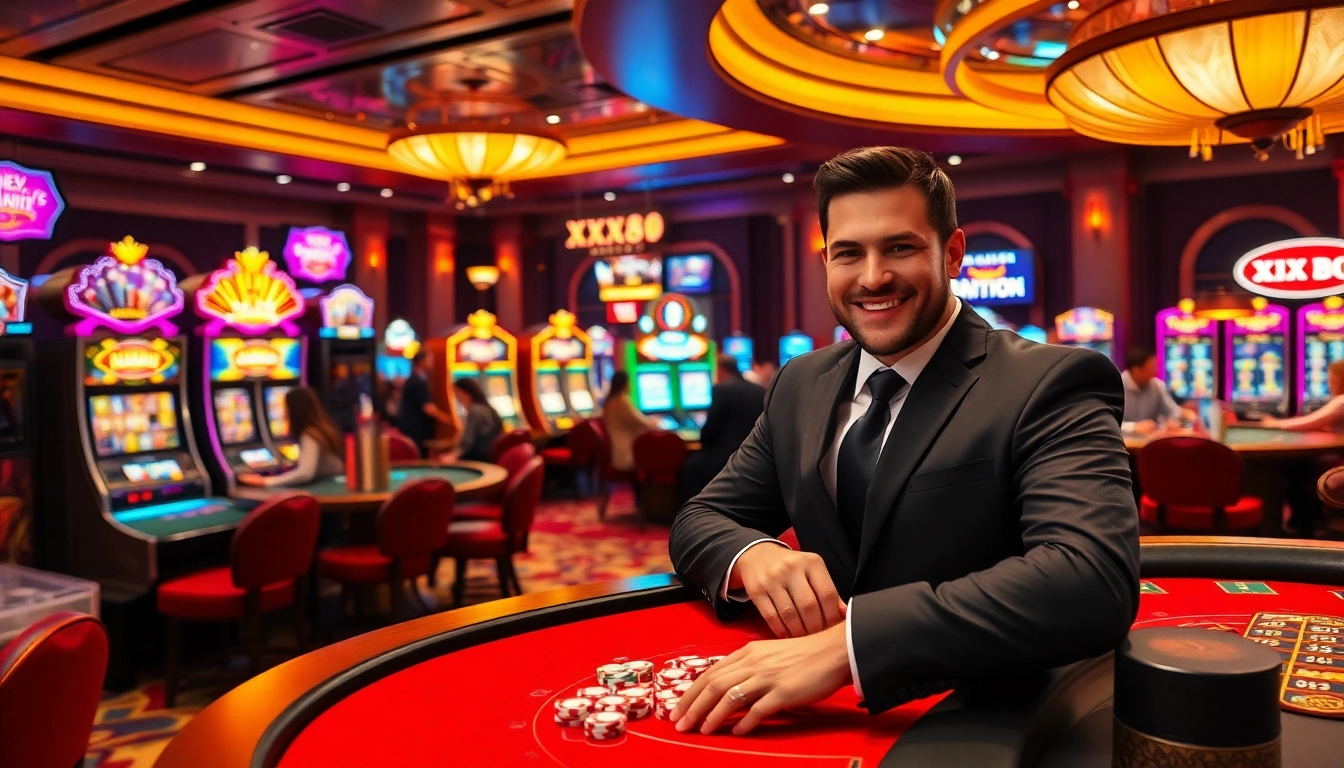 XX88 offers an electrifying casino atmosphere with players engaged in high-stakes gambling.