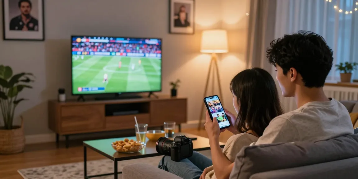 Couple enjoying the Pikashow APK download for streaming movies and live sports in cozy living room.