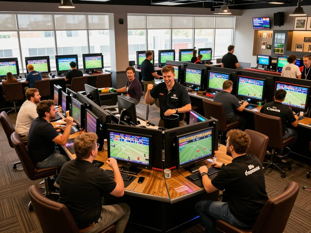 Enjoying live sports betting at https://99win.actor/ with enthusiastic bettors engaging at modern lounge