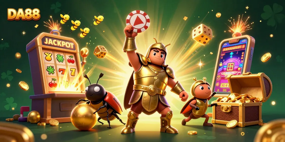 Experience the excitement of DA88 with a vivid illustration showcasing a victorious hercules beetle and dynamic casino elements.
