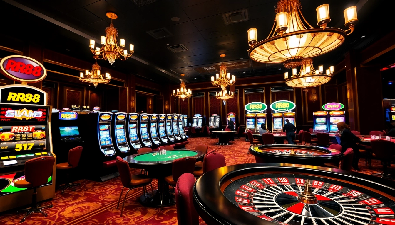 RR88 slot machines and a poker table filled with excited players in a luxurious casino setting.