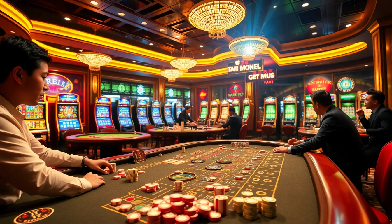 Tài Xỉu MD5 gameplay with players enjoying vibrant casino atmosphere and colorful chips.