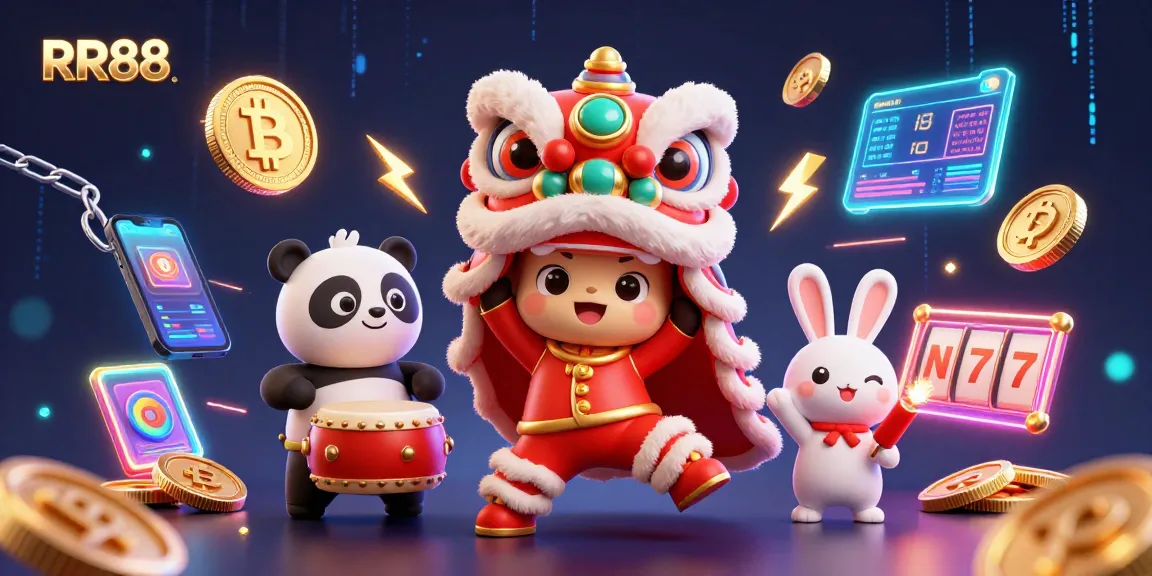 Immerse yourself in RR88's vibrant casino scene featuring engaging characters, slot games, and neon crypto elements.