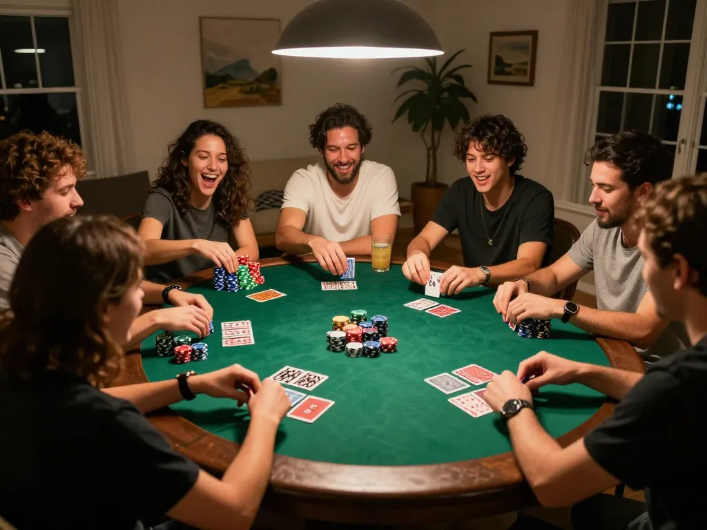 Engaged players enjoy poker night while tracking kết quả bóng đá updates, showcasing excitement and strategy