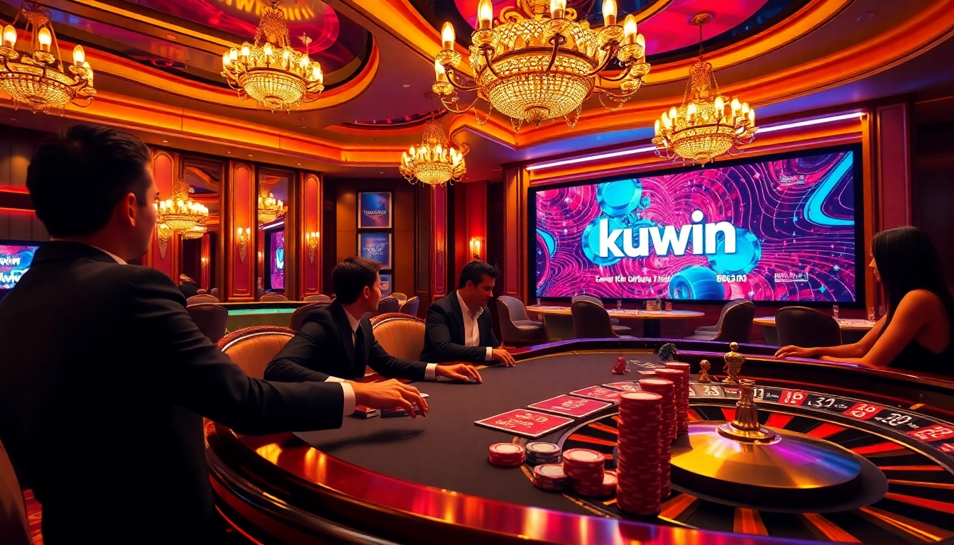 Players enjoying a high-stakes game at a kuwin casino poker table with luxurious decor.