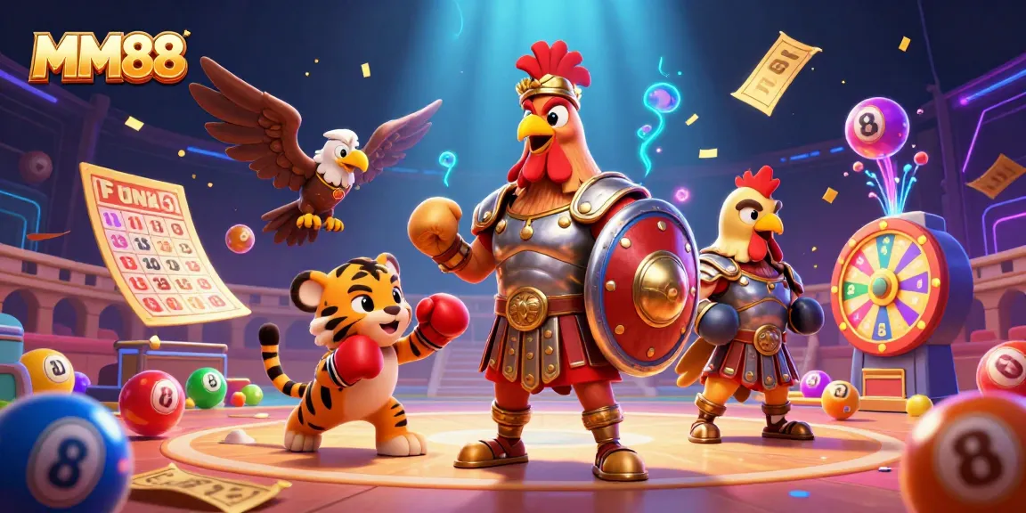 Experience an MM88 casino adventure with gladiator rooster and prizes amidst vibrant elements.