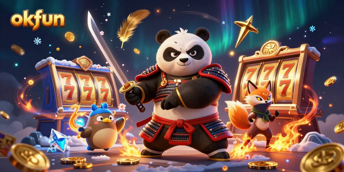 Experience the thrill of okfun as a samurai panda battles in a vibrant casino world filled with games and tokens.