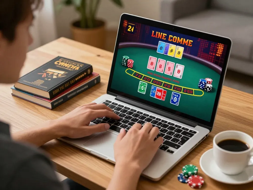 Experience fabet's online gaming with blackjack on a laptop in a cozy home setup.