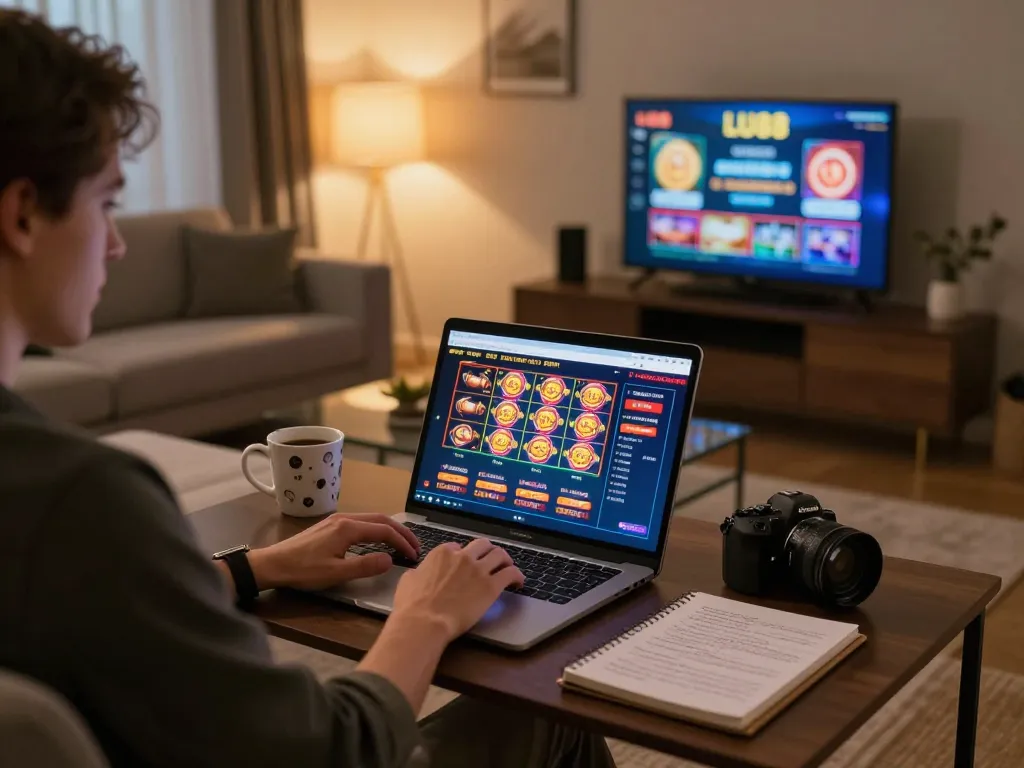 Engaging in online gaming at LU88, a vibrant casino setup at home with laptop and strategy notes