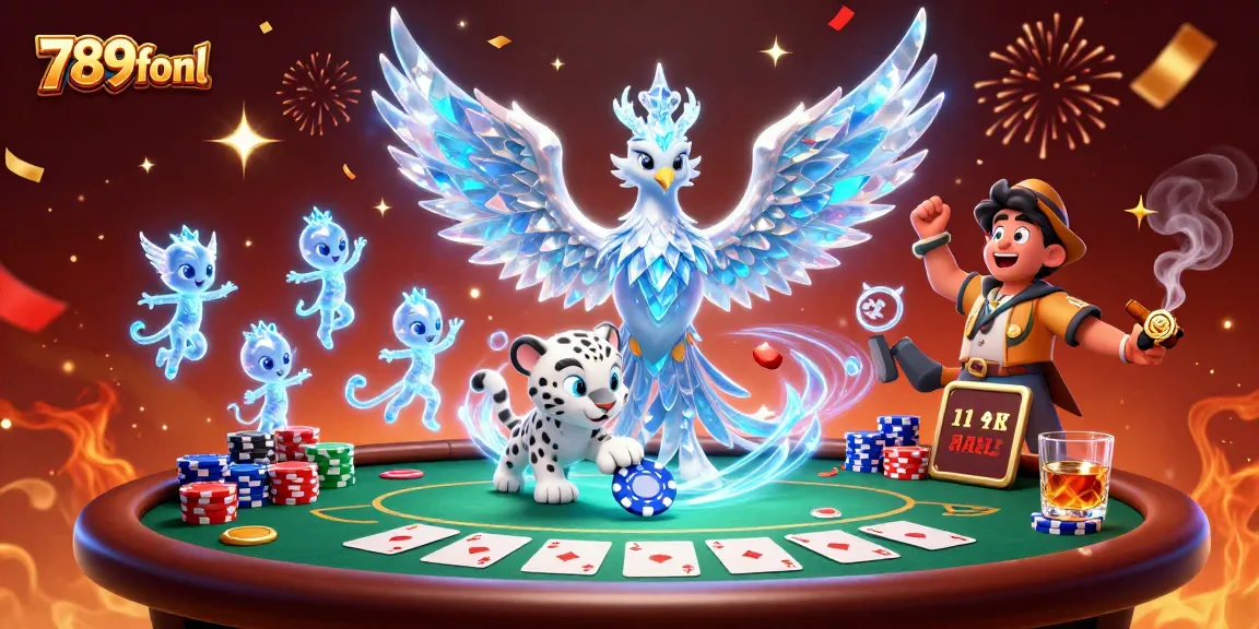 Immerse in the thrilling world of 789fonl as an ice phoenix wields poker magic with vibrant energy.