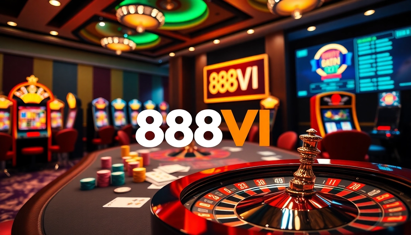 Gamblers enjoying a thrilling game at 888VI casino with vibrant elements and excitement.