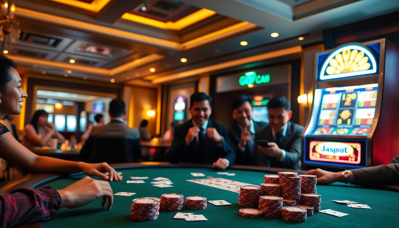 Engaged players at go88 poker table with vibrant chips and exciting slot machine background.