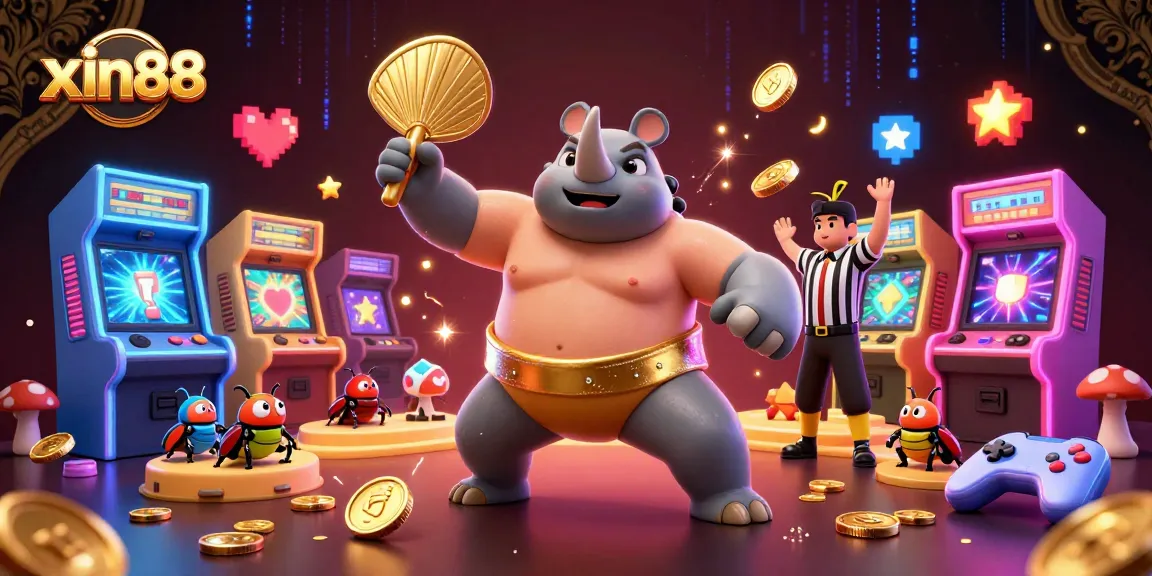 Experience thrilling action at xin88 with a rhinoceros beetle sumo stomping coins in this vibrant 3D scene.