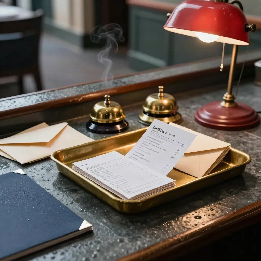 Clubhouse results counter with slips, bell, tablet and red lamp in a humid rainy evening