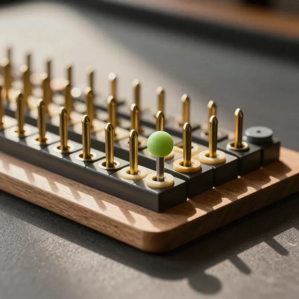 Close macro of a standings tracker with brass pegs and green chips on a club table in warm light.