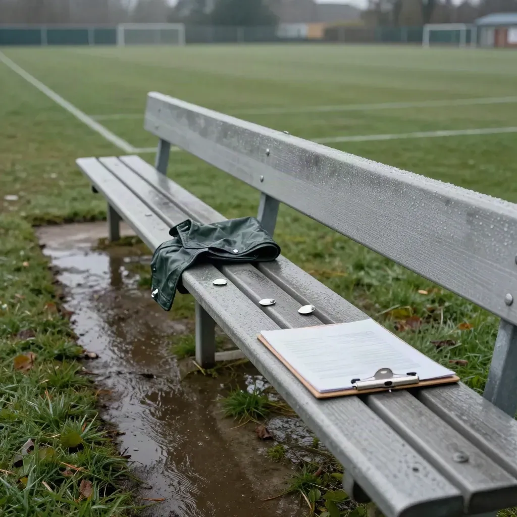 Wet sideline bench with fixture magnets, rain cover, and clipboard beside a damp pitch.
