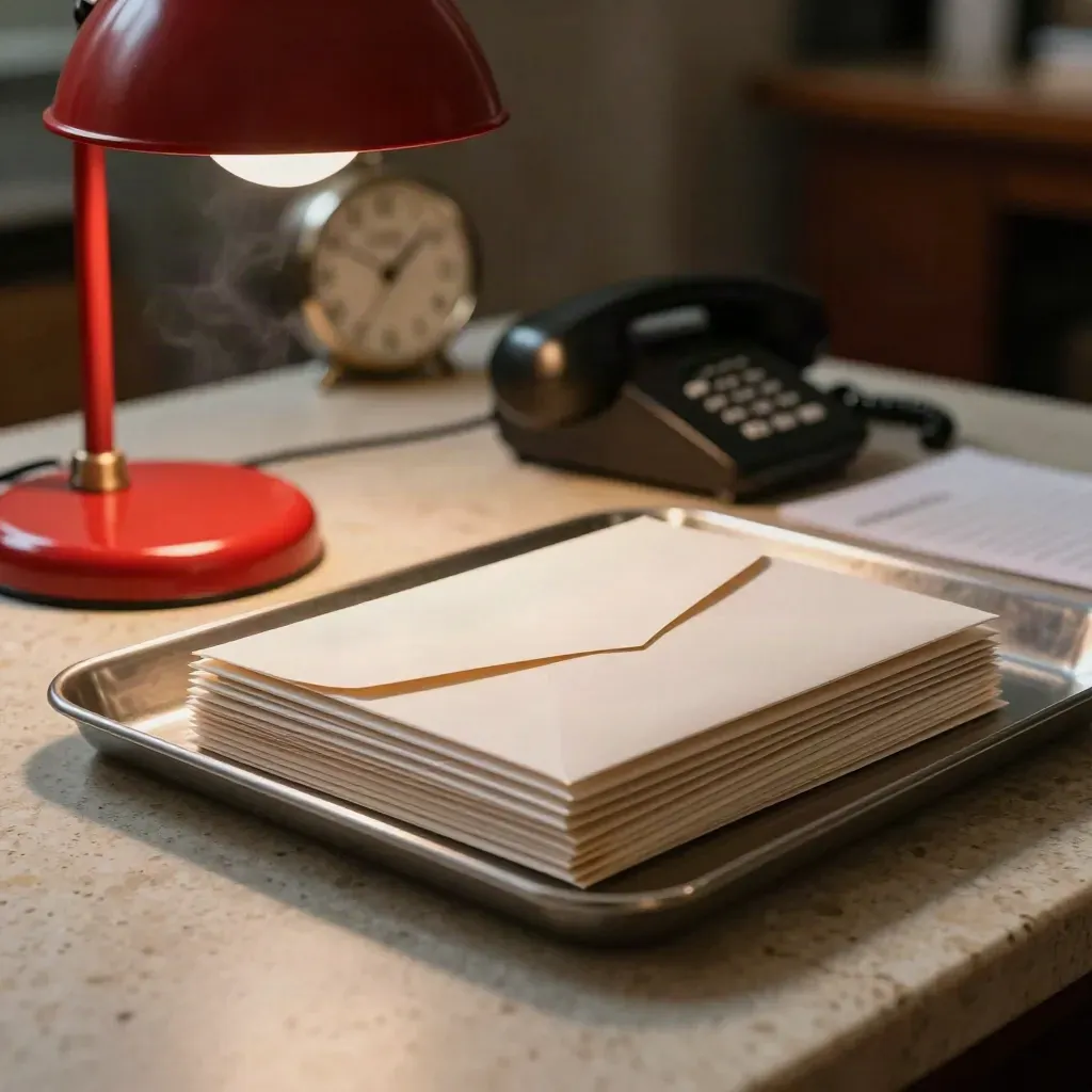 Results desk with red lamp, envelope tray, face-down phone, and blurred clock