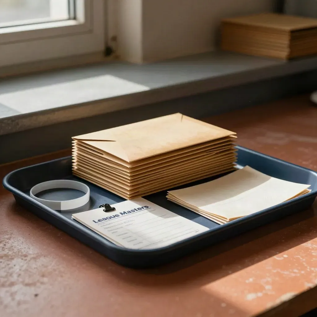 Registration envelopes, wristbands and folded bibs in a warm clubhouse intake tray.
