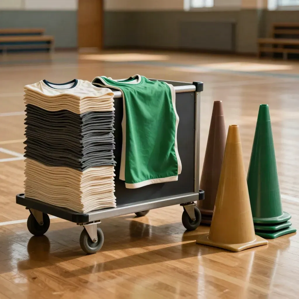 School sports hall kit reset: bibs, cones and a scoreboard cart on the court.