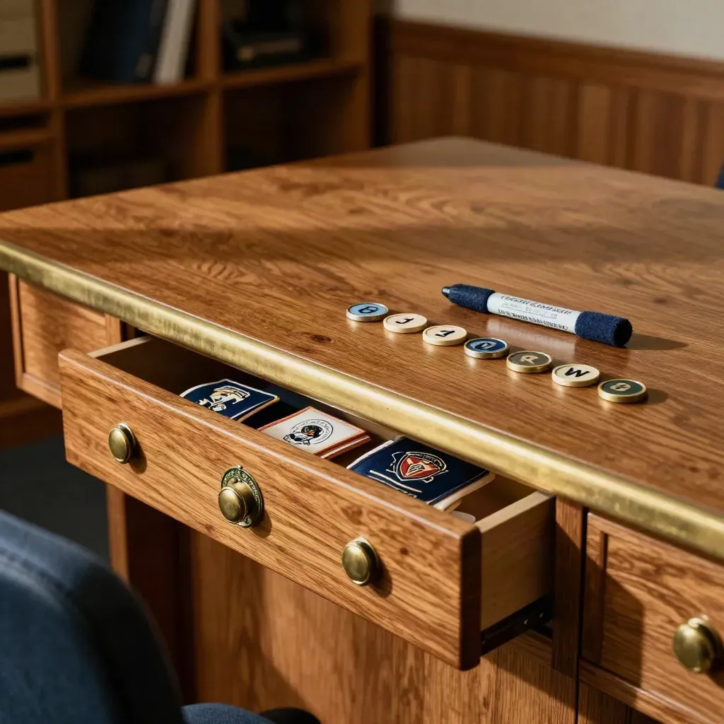 Stained oak club desk with counters, badges and team tags in warm window light.