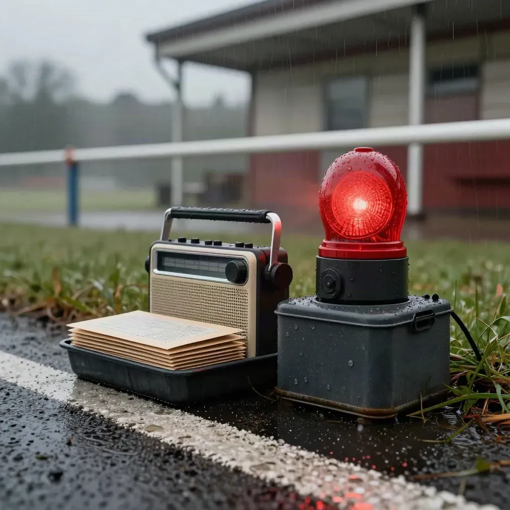 Rainy touchline results station with radio, result envelopes, and a red signal lamp on a crate.