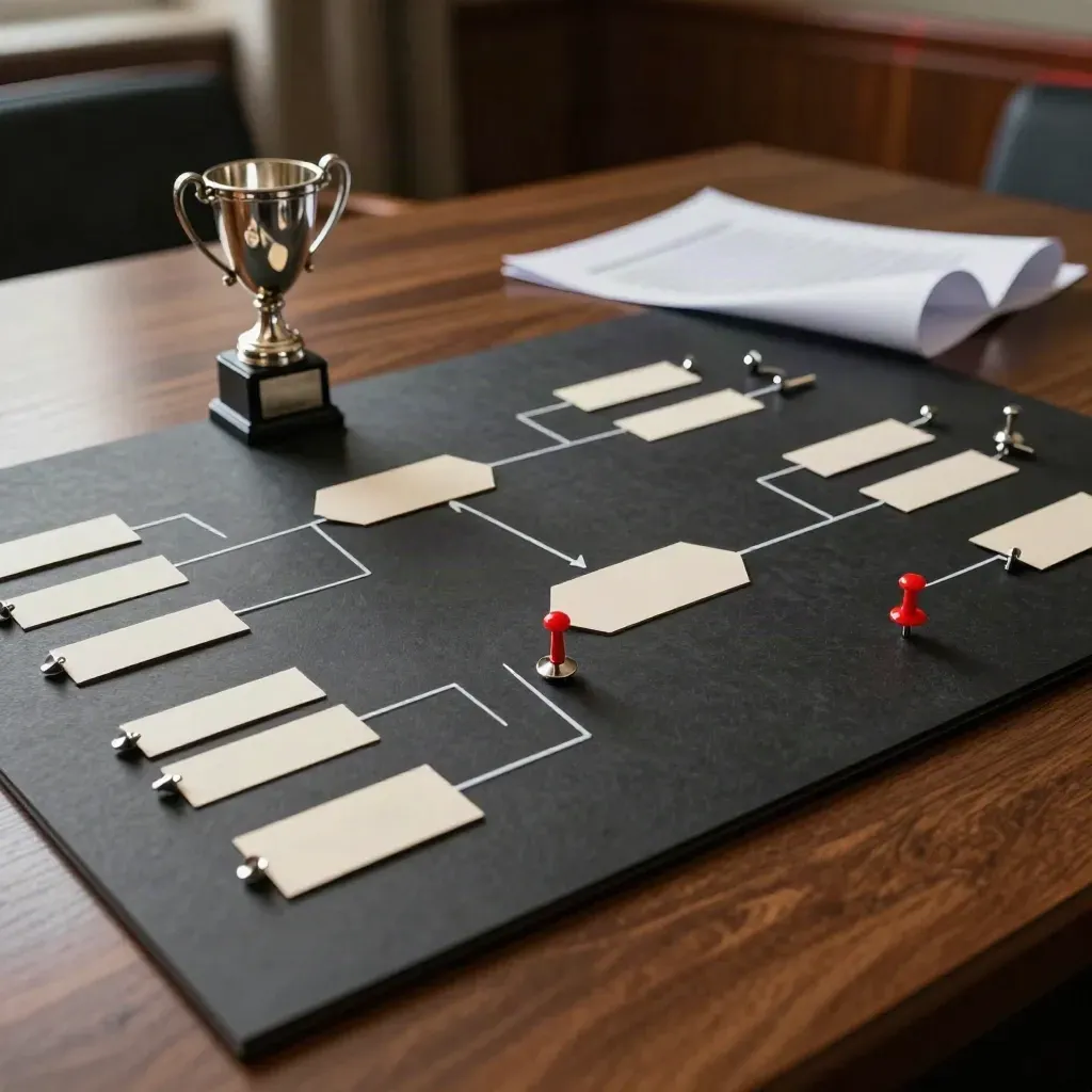 Bracket pins and a trophy on a dark meeting-room table, caught mid-settle.
