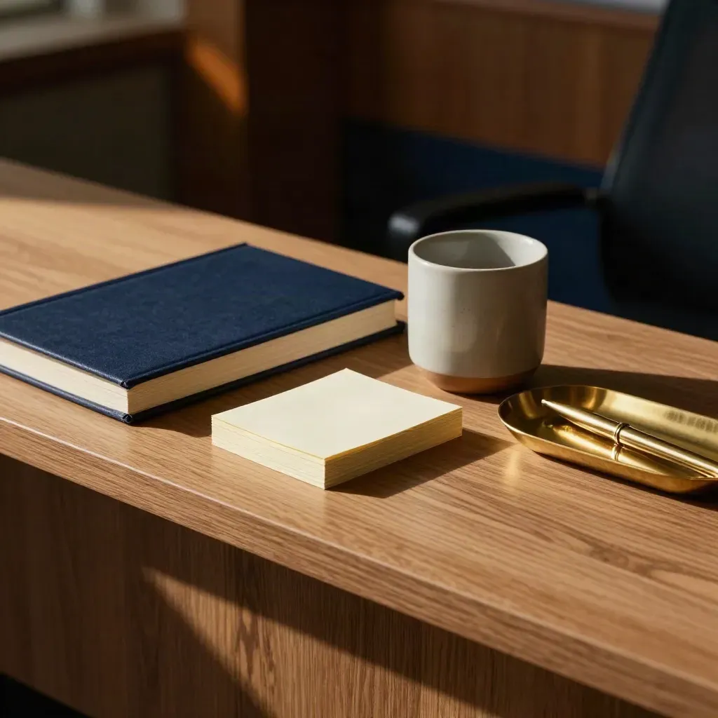 Closed season guidebook, note cards, ceramic cup and brass tray on a sunlit clubhouse desk.