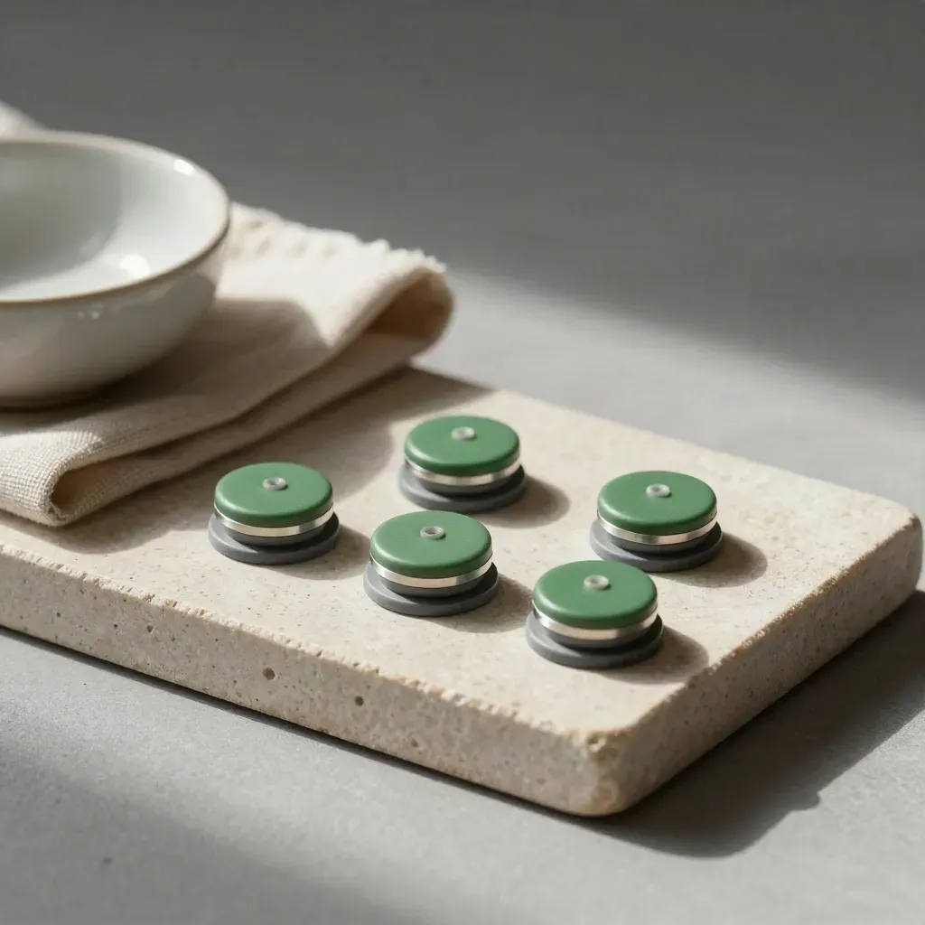 Magnetic pitch markers on a stone tray with linen cloth and ceramic bowl