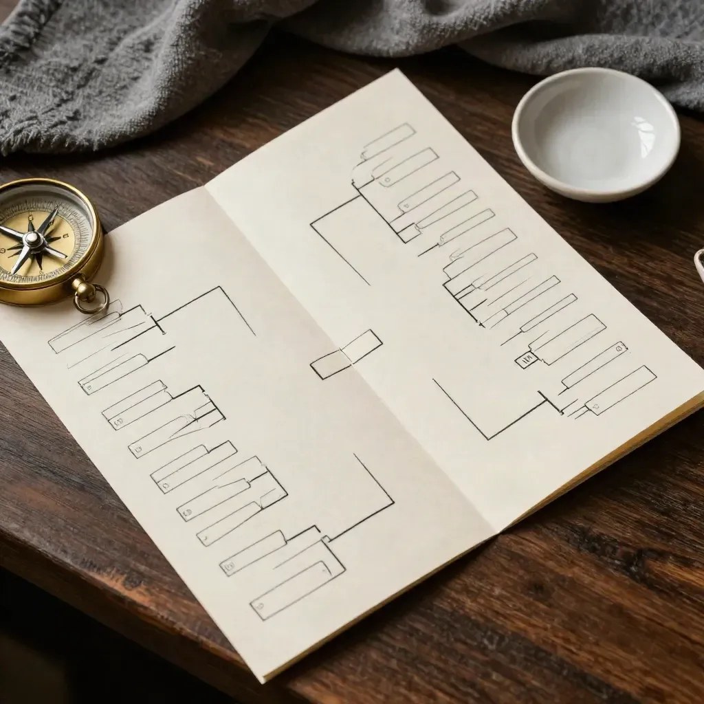 Top-down playoff bracket card with brass compass, ceramic dish and folded cloth on a dark shelf.