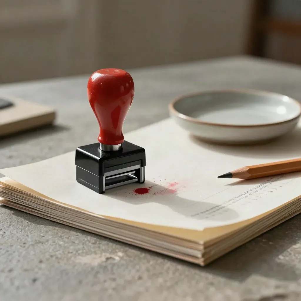 Polished stamp beside results slips, ceramic dish and pencil on a stone desk