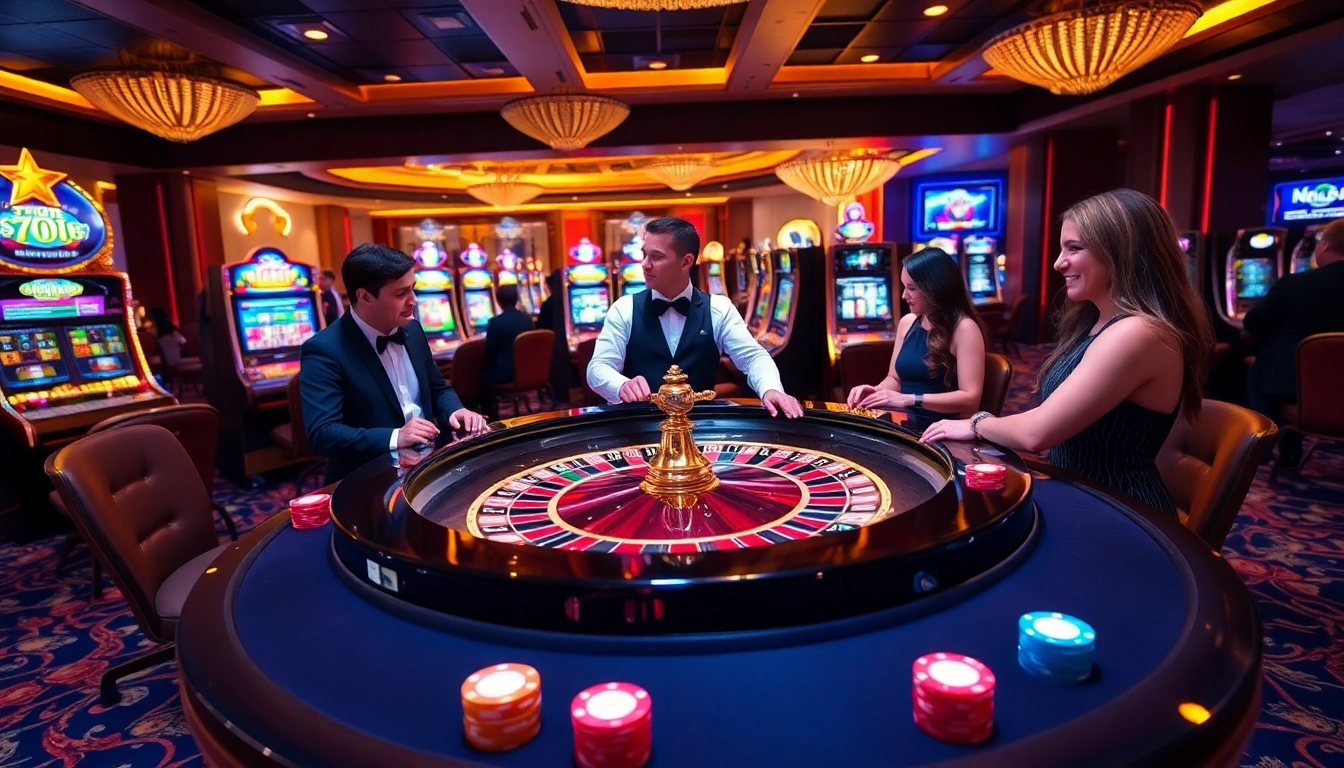 Experience the thrill of gambling at https://nk88zz.bio/ with vibrant casino visuals featuring roulette and slot machines.