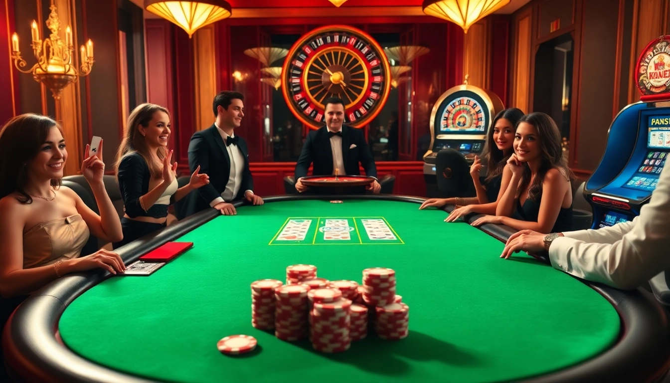 Gamblers enjoying a thrilling poker game at debet casino with vibrant colors and luxurious atmosphere.