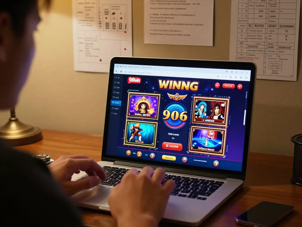 Enjoying online gaming on 98win, showcasing an engaging laptop interface and vibrant casino visuals.