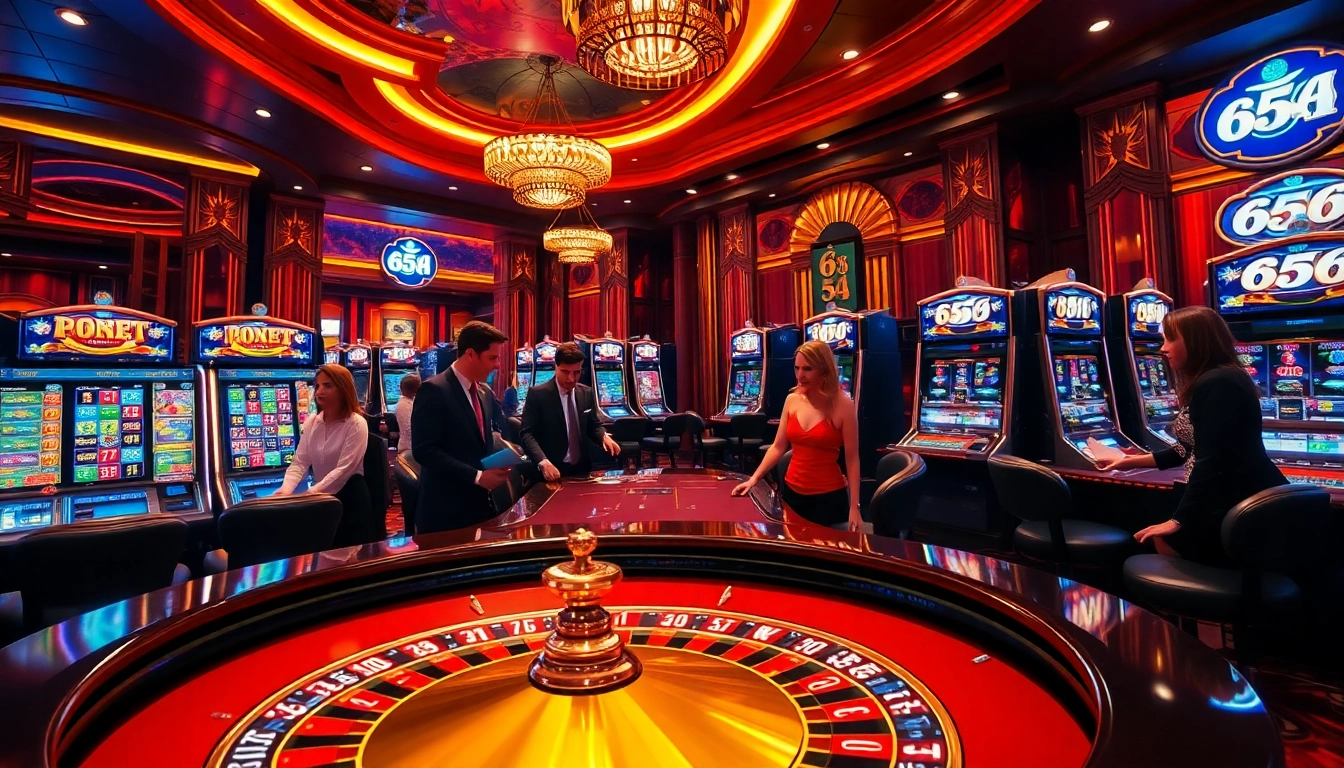 Players enjoying thrilling games at a luxurious casino under the vibrant essence of 65A.