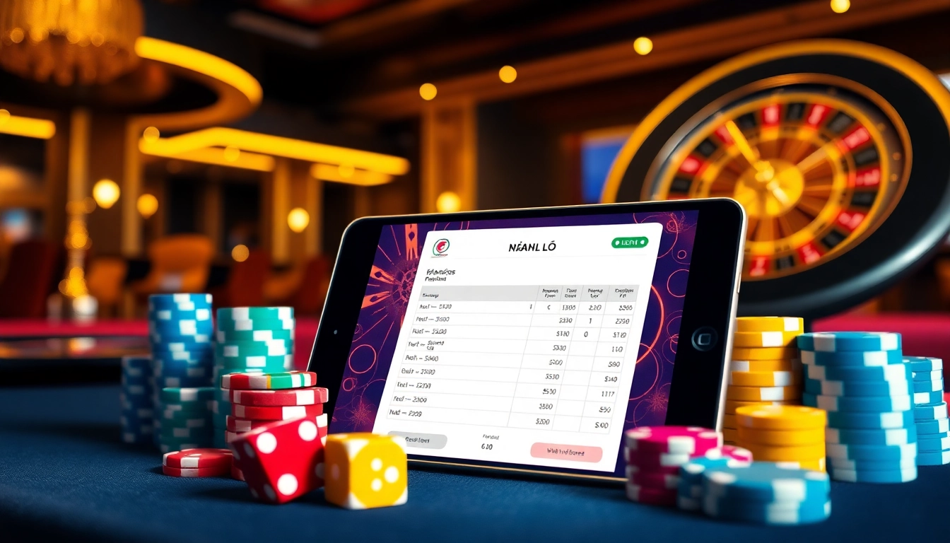 Engaging scene of Đánh Lô Đề Online betting with digital casino elements and poker chips.