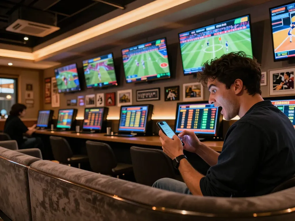 Tỷ lệ kèo nhà cái showcased in a vibrant sports betting lounge with happy bettor checking smartphone.